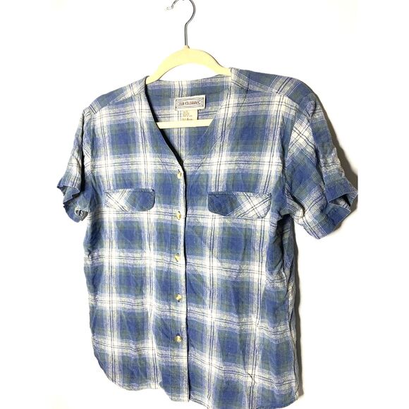 VTG Silk Exchange Blue Plaid Button Up V Neck Short Sleeve Silk Shirt Womens S - Picture 4 of 8